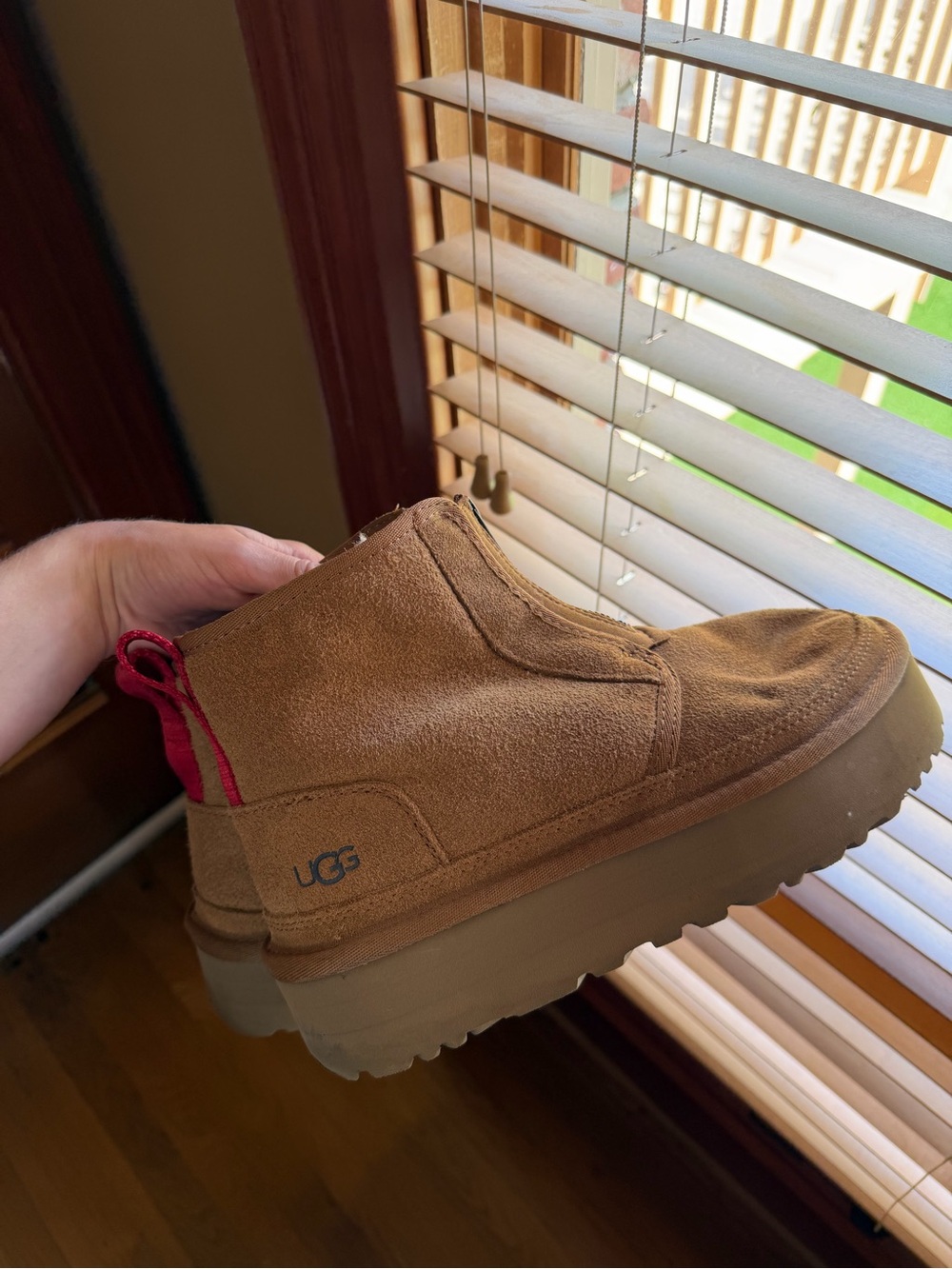 UGG Chestnut Suede Ankle Boot with Red Pull Tab